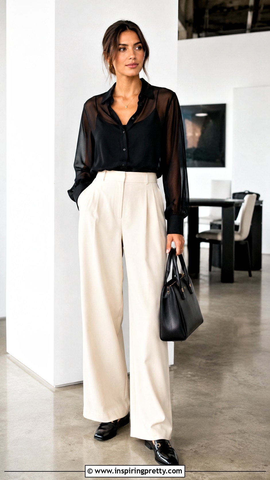 Sheer Blouse With Camisole And Trousers - 50 modern tops outfit ideas