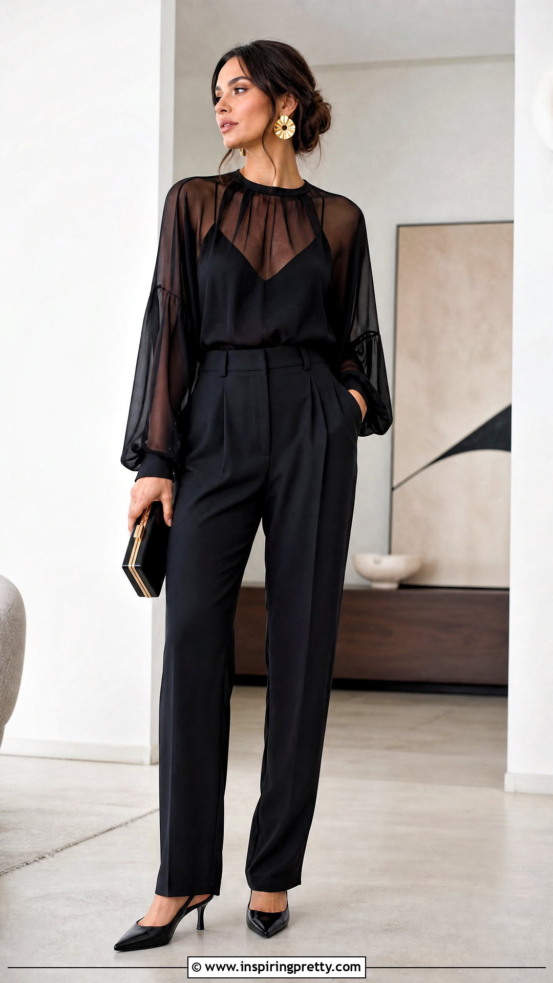 Sheer Blouse With Camisole And Trousers - 50 blouse tops outfit ideas