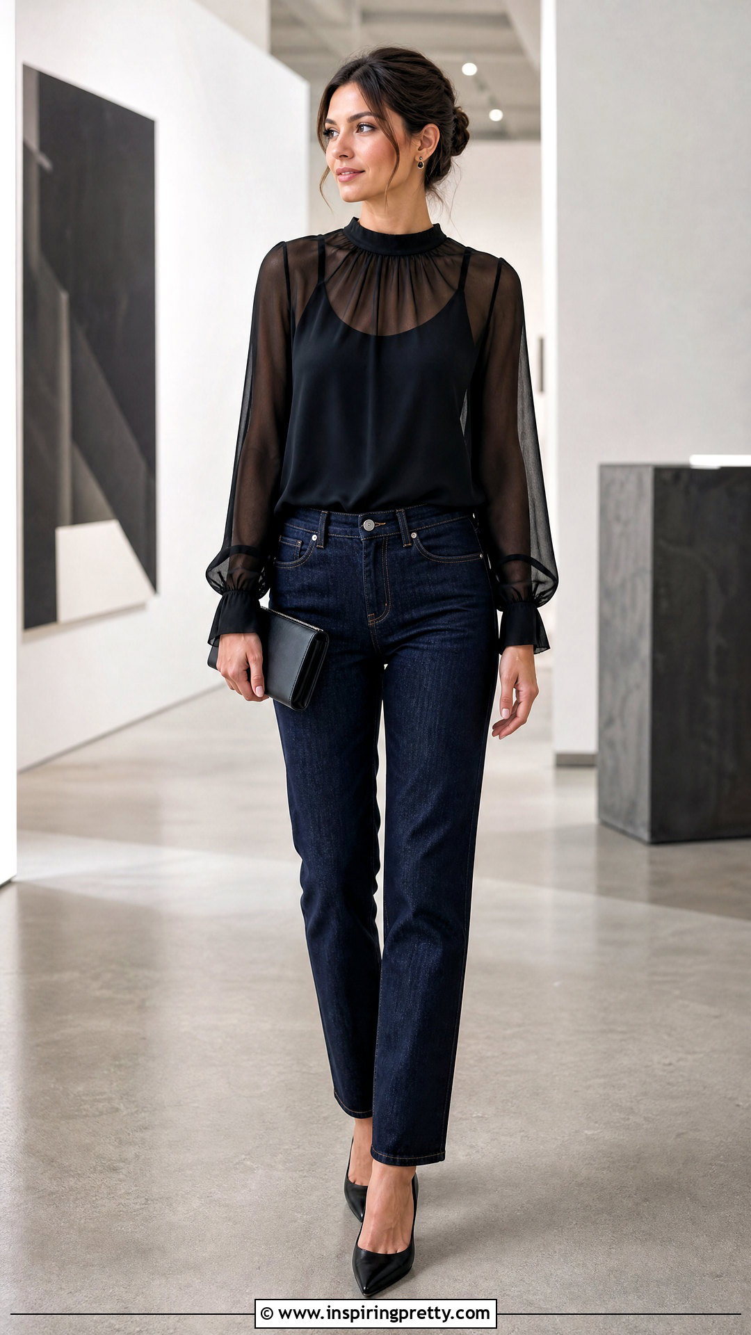 Sheer Blouse With Dark Wash Jeans - 50 trendy jeans top outfit ideas