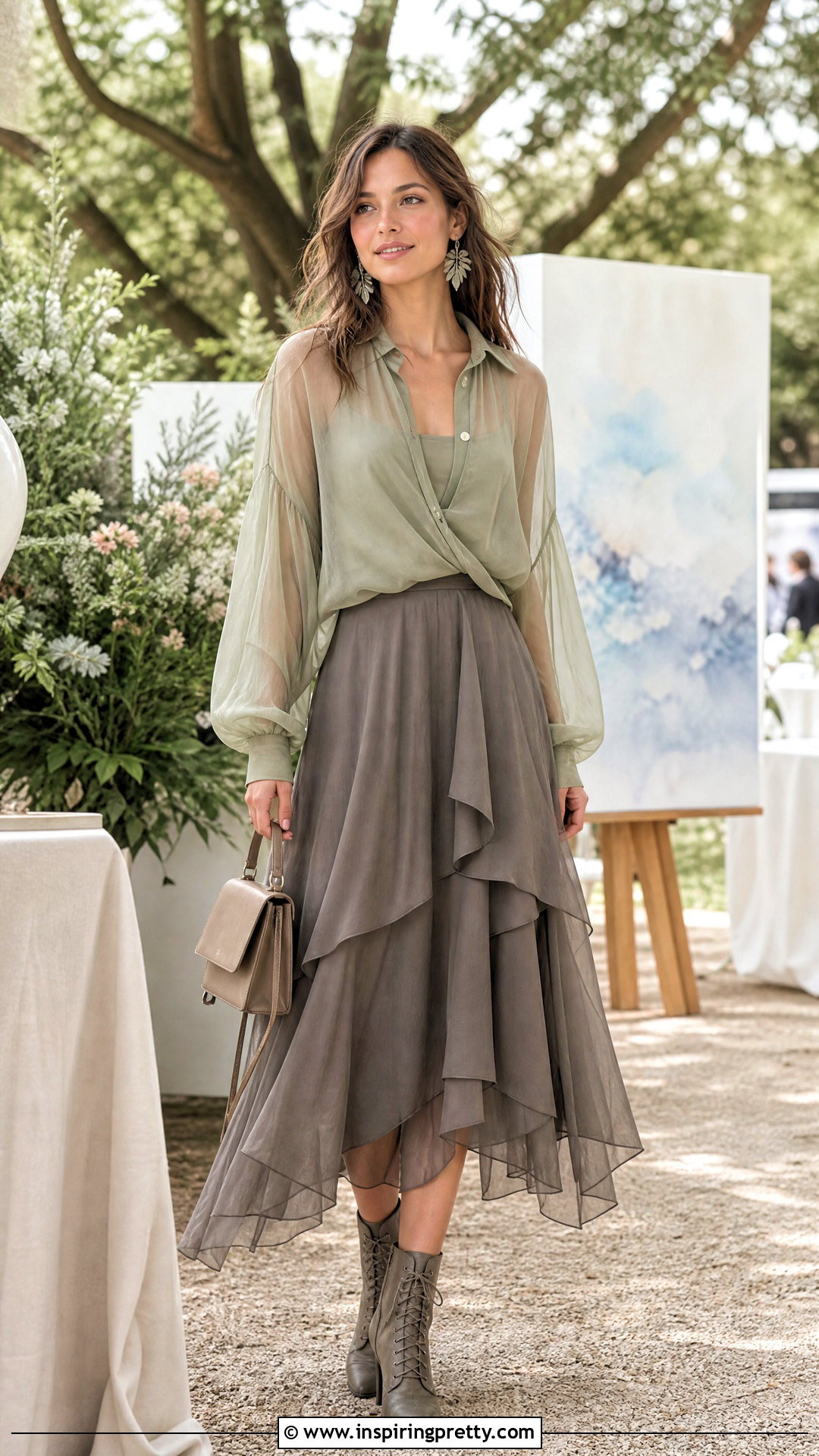 Sheer Blouse With Layered Midi Skirt Outfit - 50 aesthetic tops outfit ideas