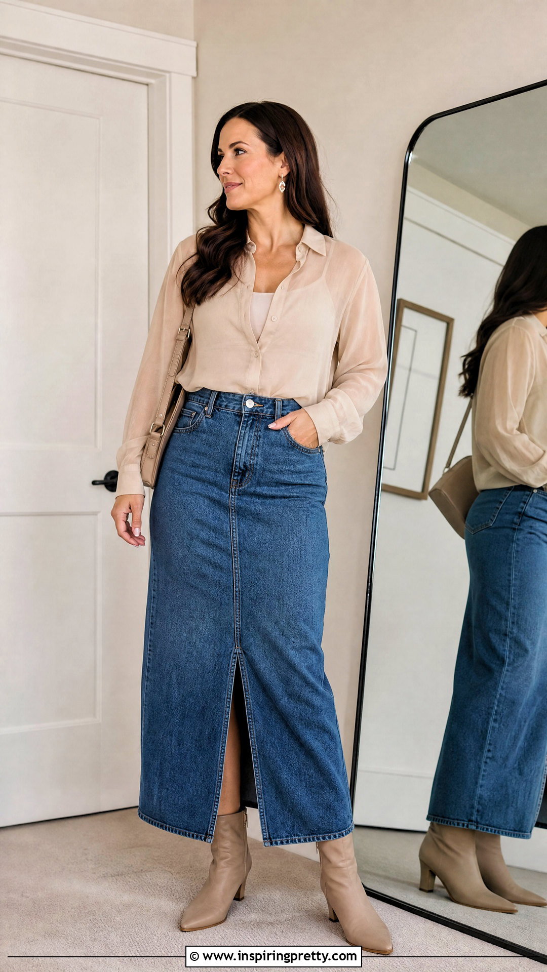Sheer Blouse With Maxi Denim Skirt Selfie - 25 Sheer Top Selfie ideas