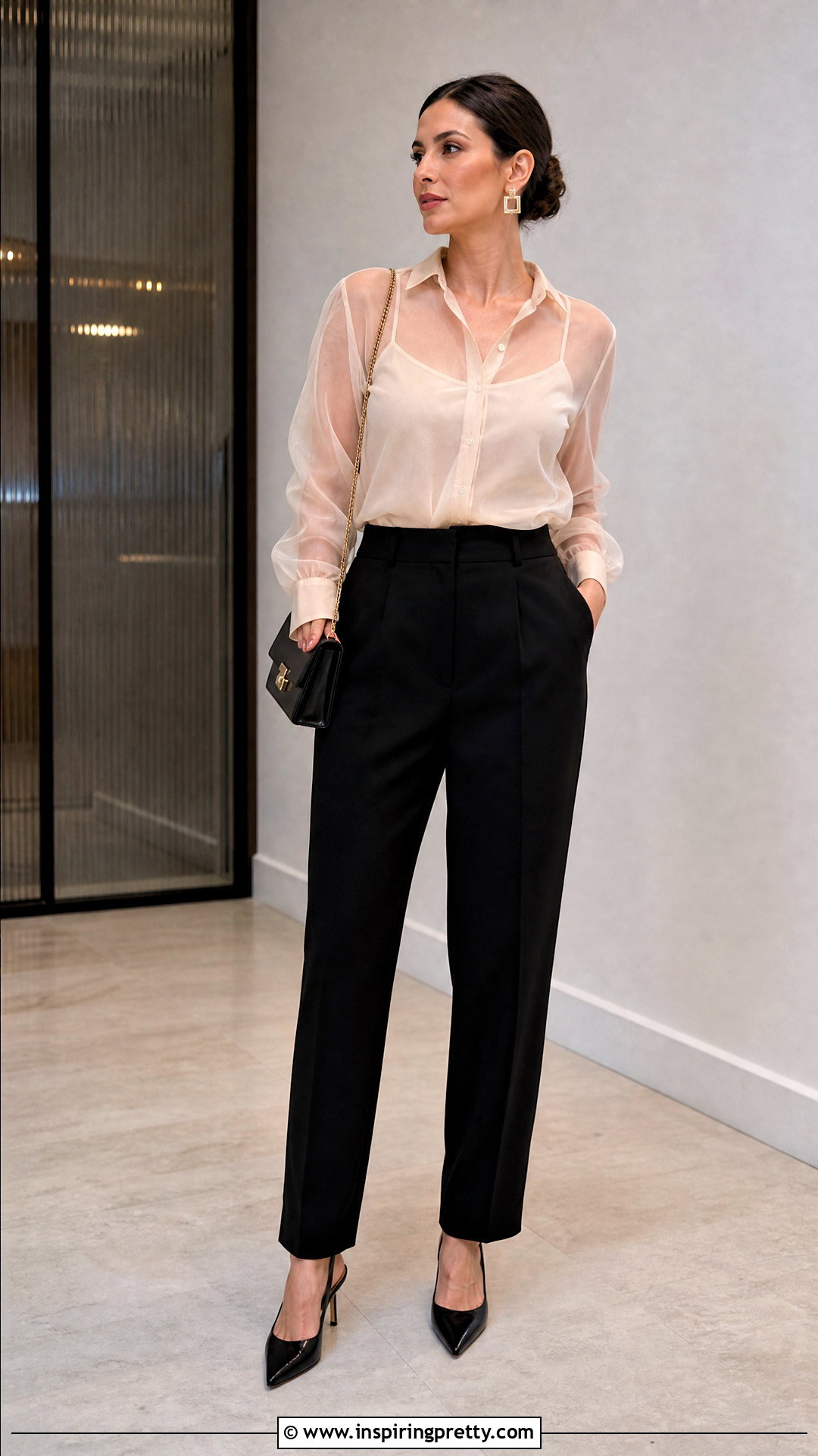 Sheer Blouse With Tailored Black Pants - 50 trending tops outfit ideas