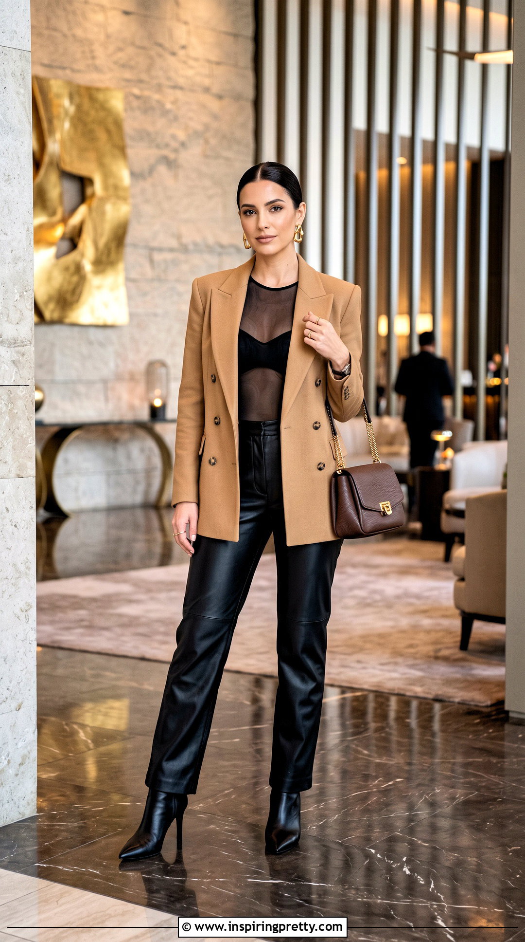 Sheer Bodysuit With Camel Blazer And Leather Pants - 25 Sheer Top With Blazer outfit ideas