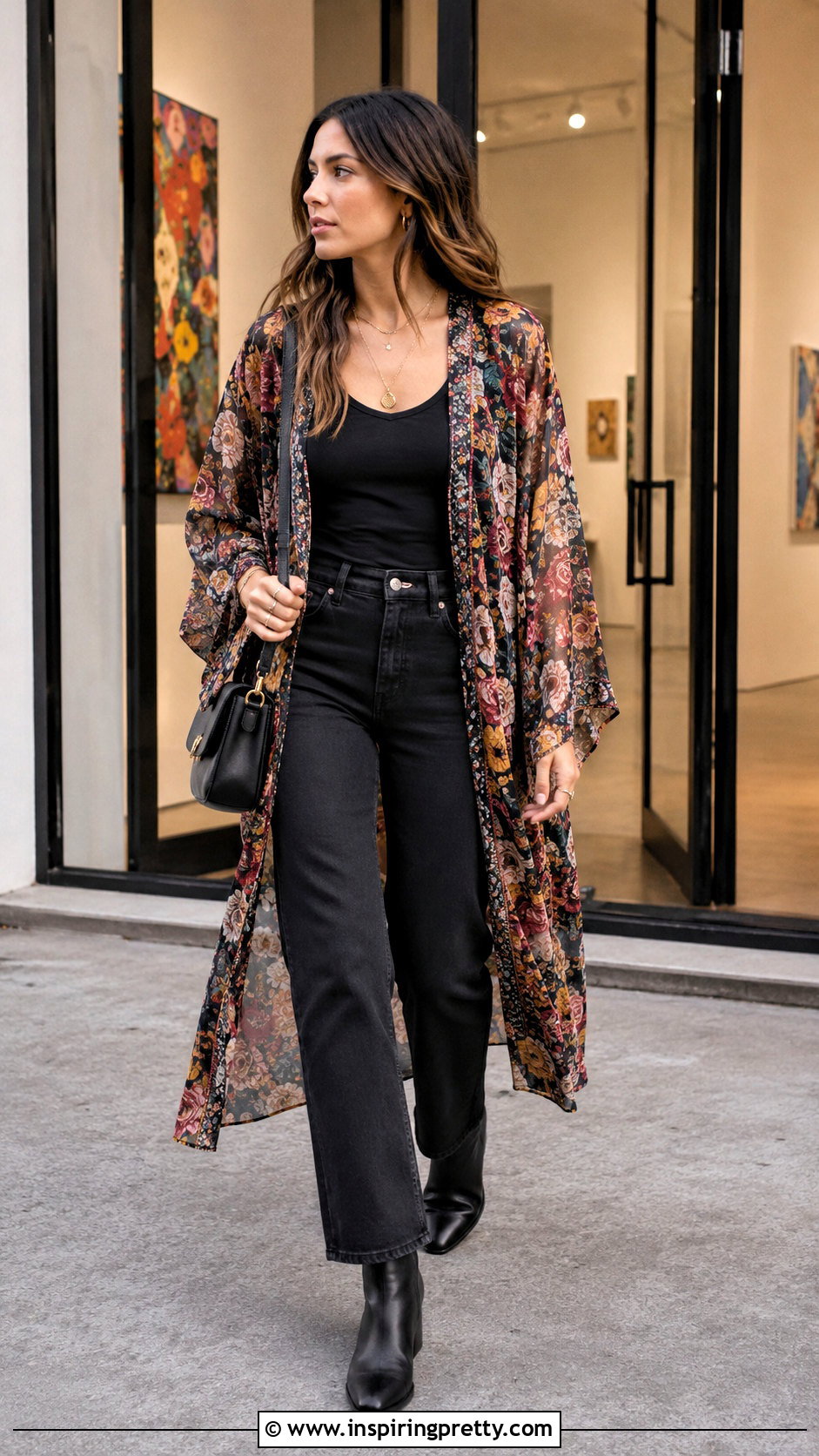 Sheer Boho Kimono Top With Black Jeans - 20 boho kimono top outfit ideas