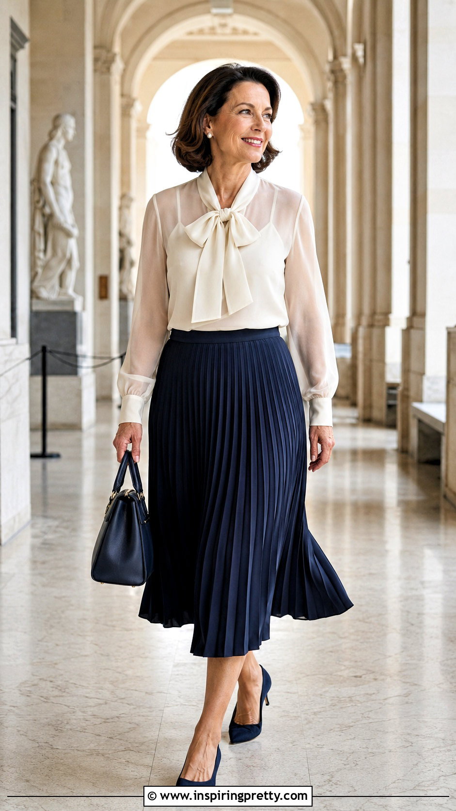 Sheer Bow Neck Top With Pleated Skirt - 25 elegant sheer top outfit ideas