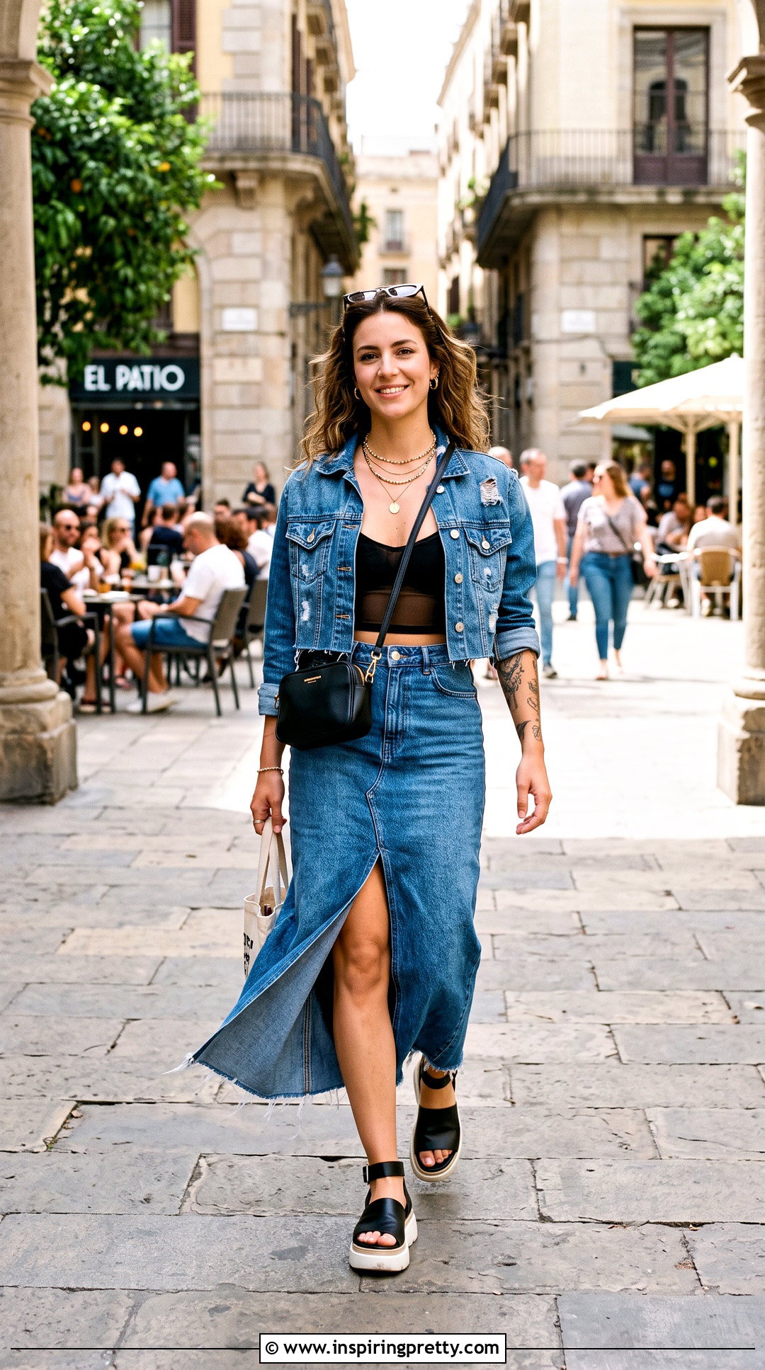 Sheer Bralette Top With Denim Maxi Skirt - 20 sheer bralette top outfit ideas