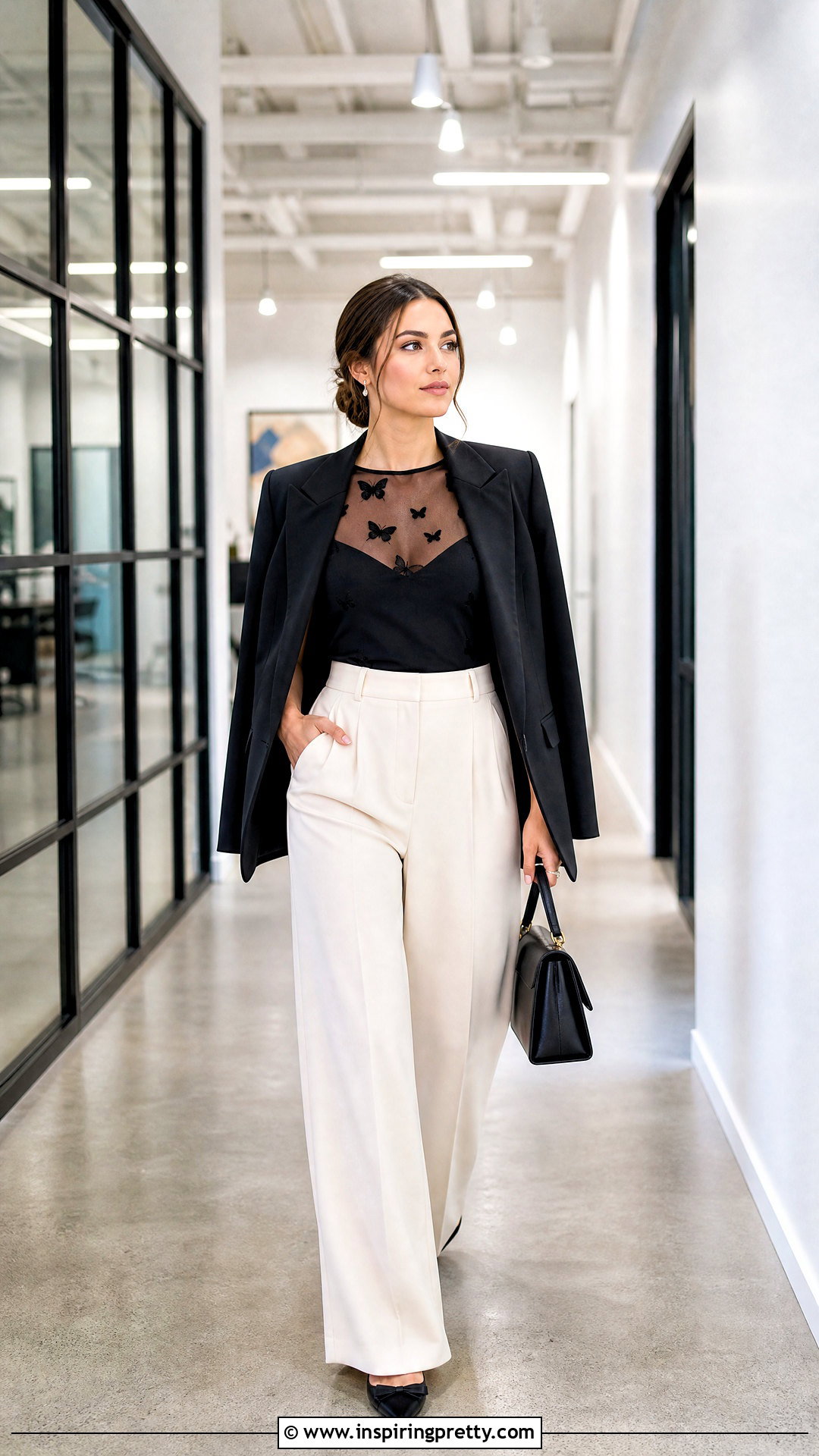 Sheer Butterfly Applique Top With Tailored Trousers - 25 butterfly applique top outfit ideas