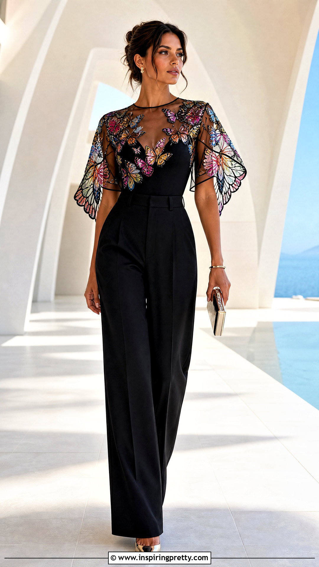 Sheer Butterfly Top With Black Wide Leg Pants - 25 Sheer Butterfly Top outfit ideas