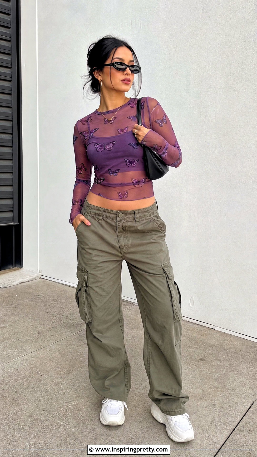 Sheer Butterfly Top With Cargo Pants - 25 Sheer Butterfly Top outfit ideas