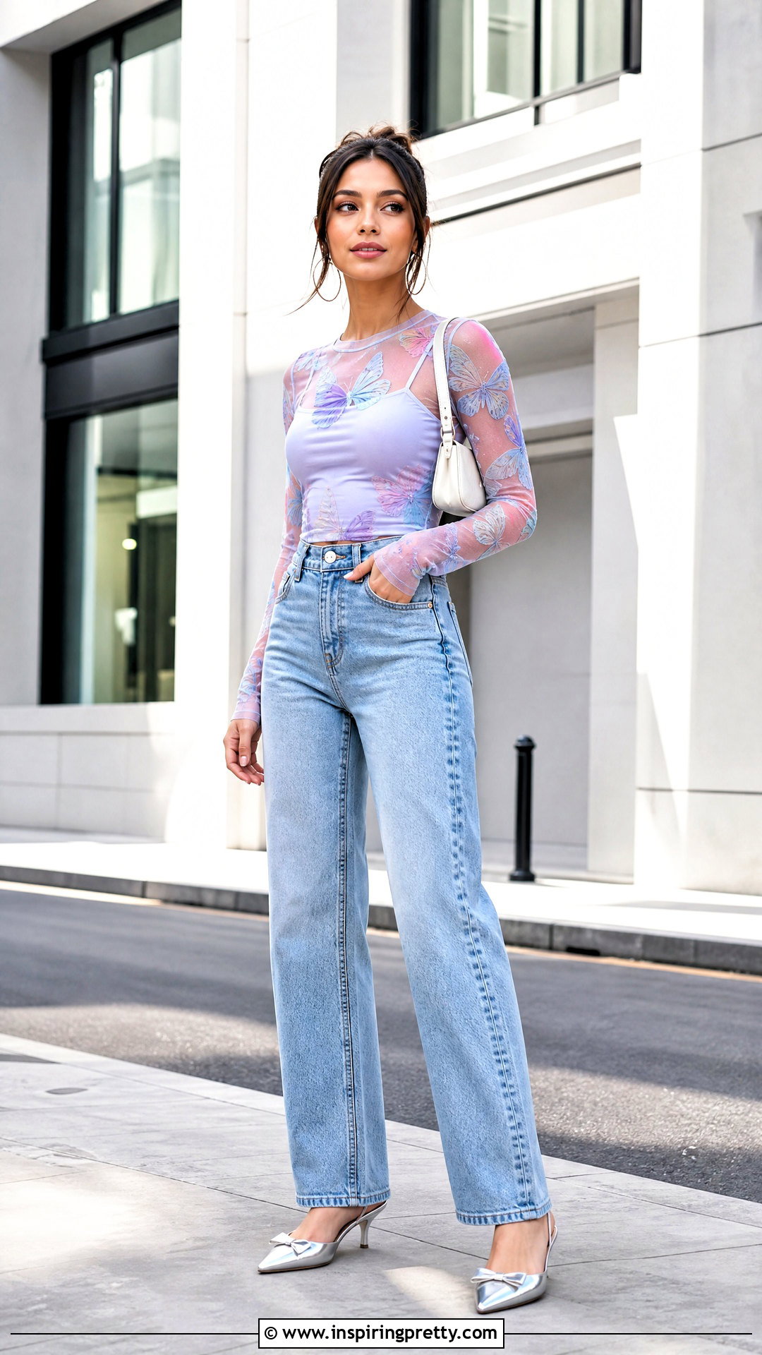 Sheer Butterfly Top With High Waisted Jeans - 25 Sheer Butterfly Top outfit ideas