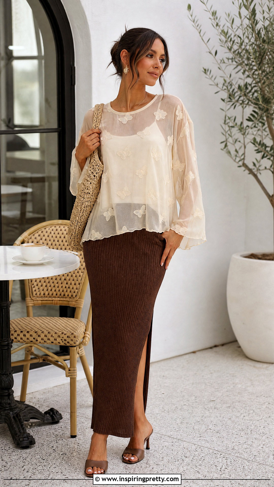 Sheer Butterfly Top With Knit Maxi Skirt - 25 Sheer Butterfly Top outfit ideas