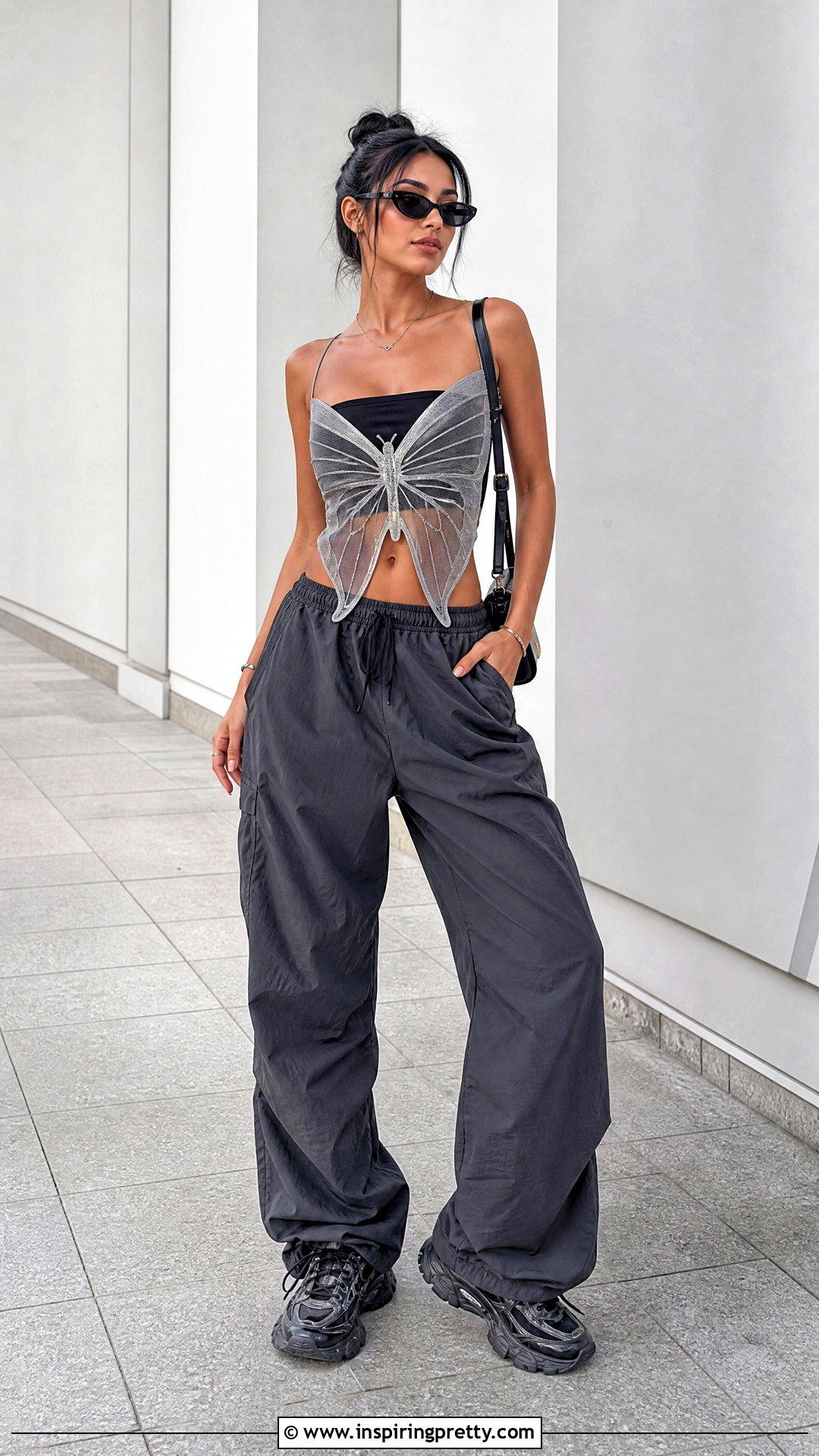 Sheer Butterfly Top With Parachute Pants - 25 Sheer Butterfly Top outfit ideas