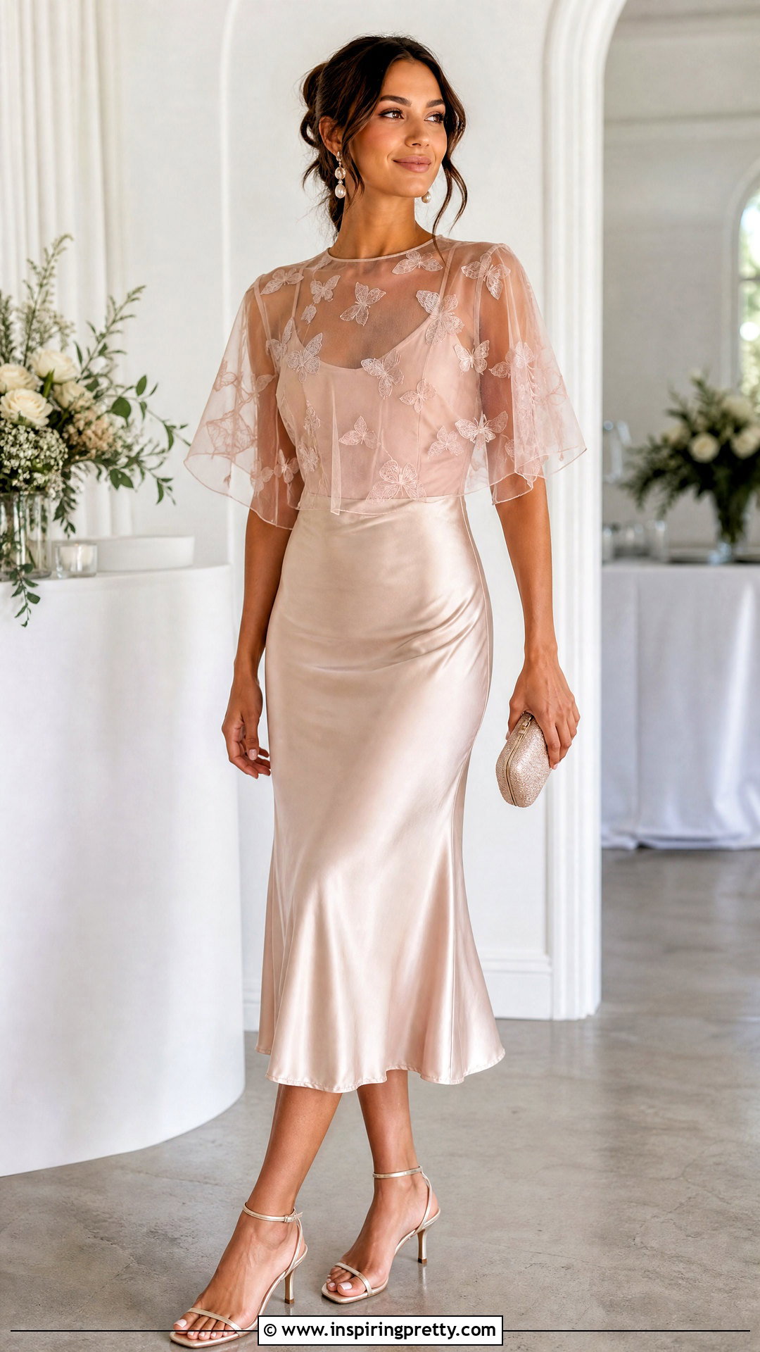 Sheer Butterfly Top With Satin Midi Skirt - 25 Sheer Butterfly Top outfit ideas