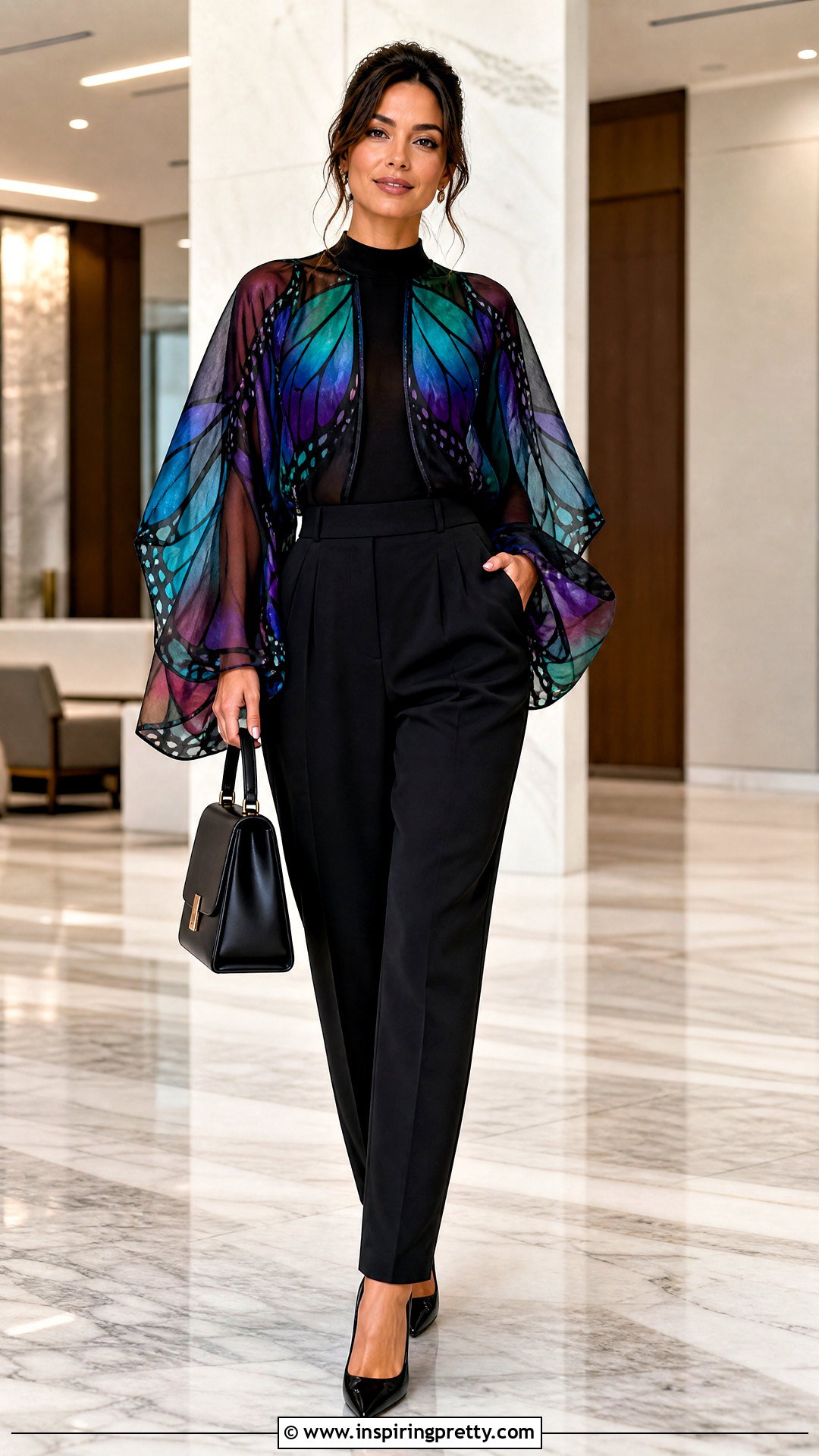 Sheer Butterfly Top With Tailored Trousers - 25 Sheer Butterfly Top outfit ideas