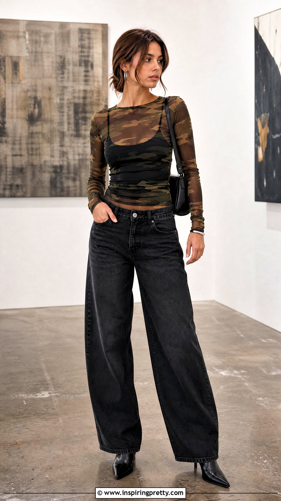 Sheer Camo Top With Black Tank And Wide Leg Jeans - 50 camo top outfit ideas