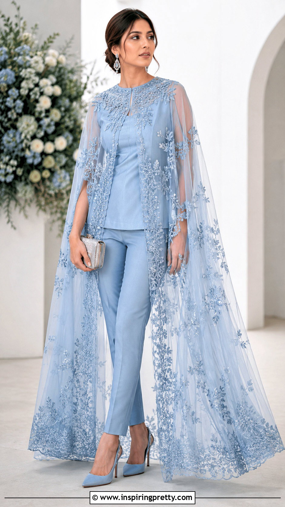 Sheer Cape Indo Western Top With Fitted Pants - 50 Indo Western Tops outfit ideas