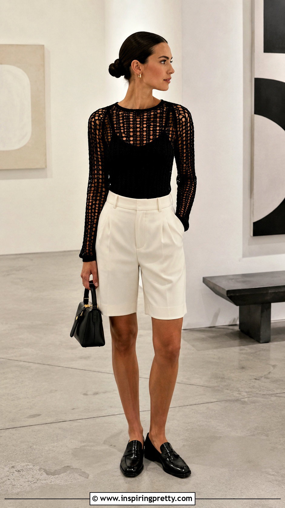 Sheer Crochet Long Sleeve Top With Tailored Shorts - 25 Crochet Tops With Long Sleeves