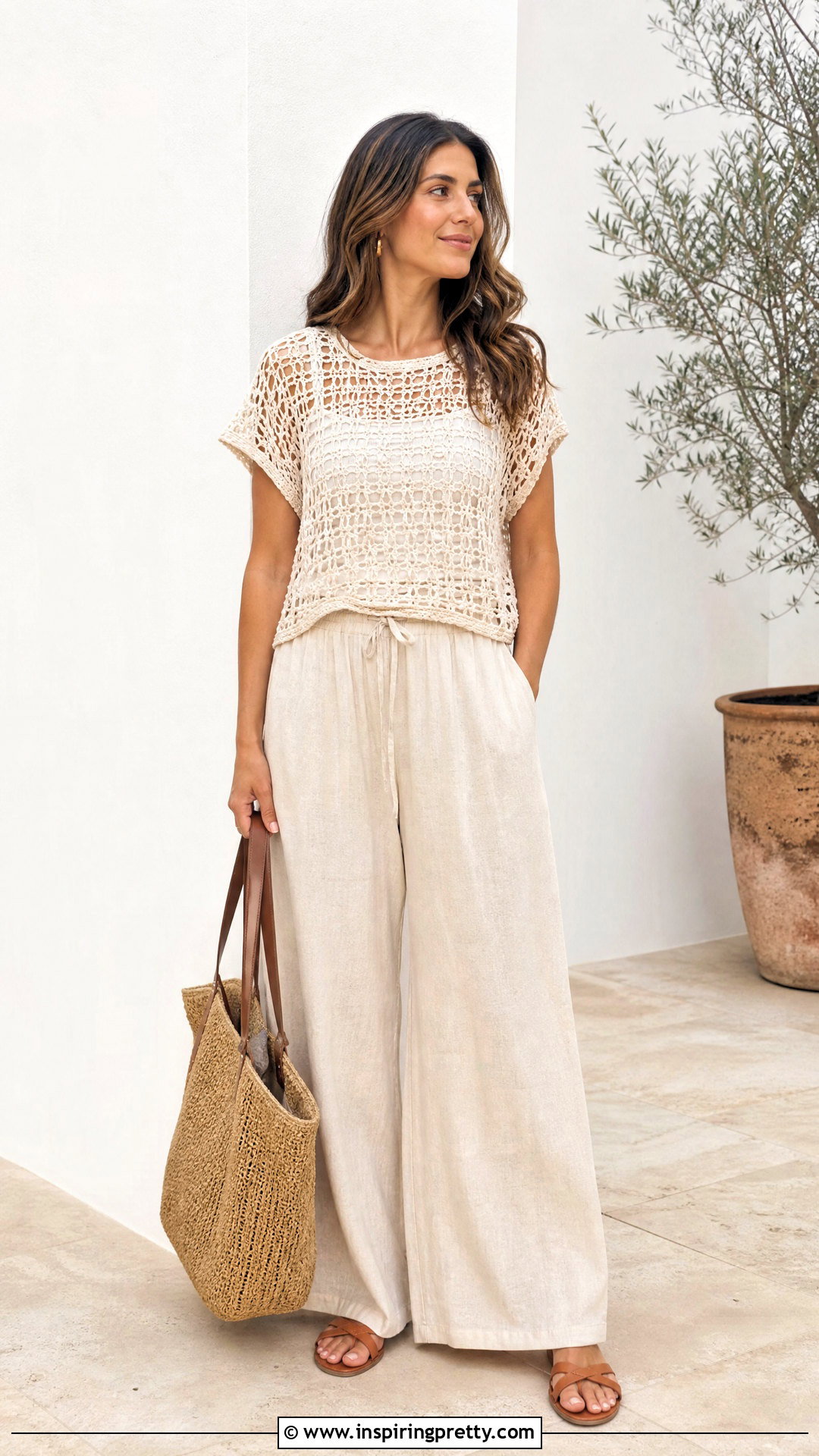 Sheer Crochet Top With Flowy Pants Selfie - 25 Sheer Top Selfie ideas