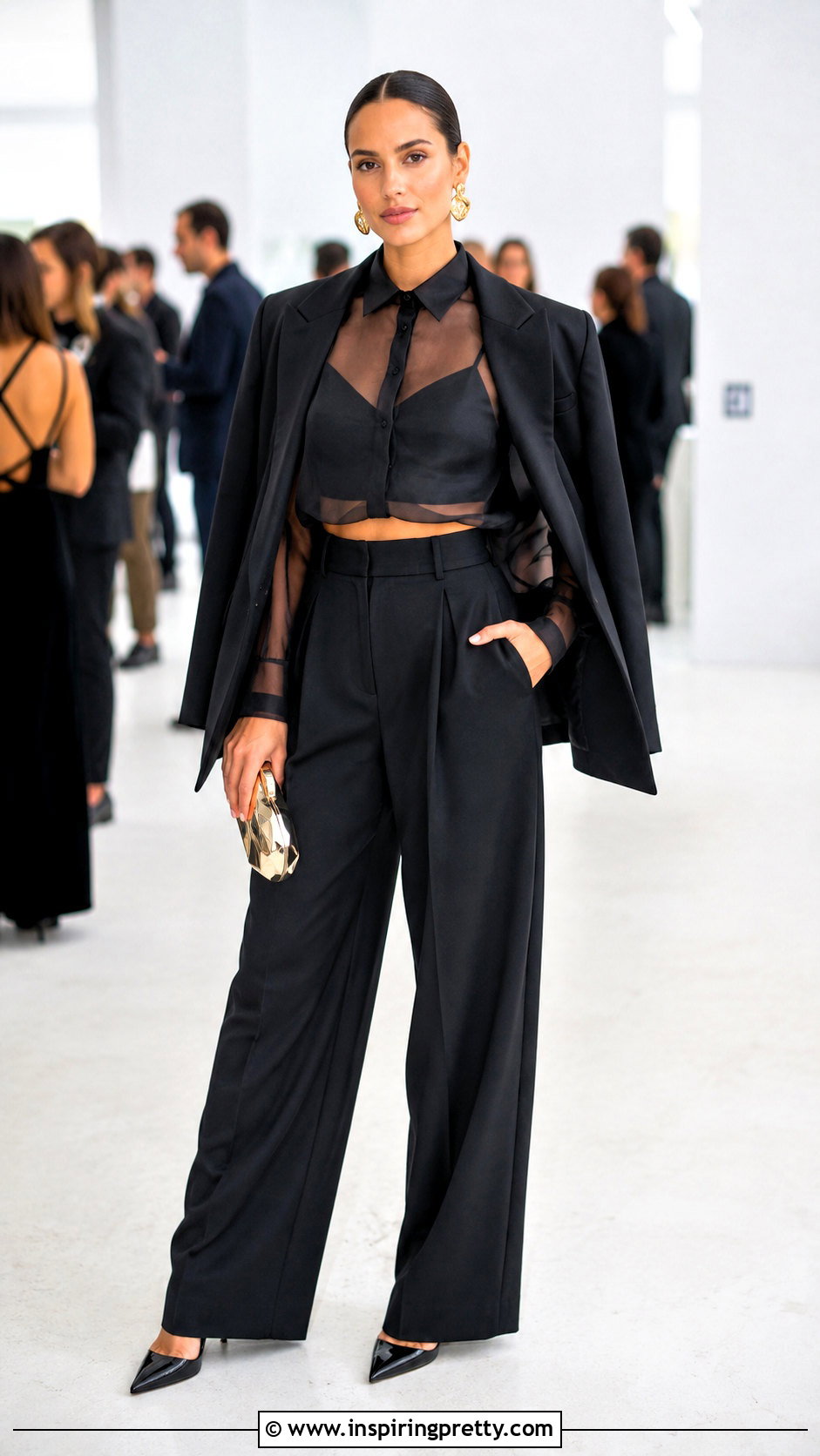 Sheer Cropped Top With High Waisted Trousers - 25 elegant sheer top outfit ideas