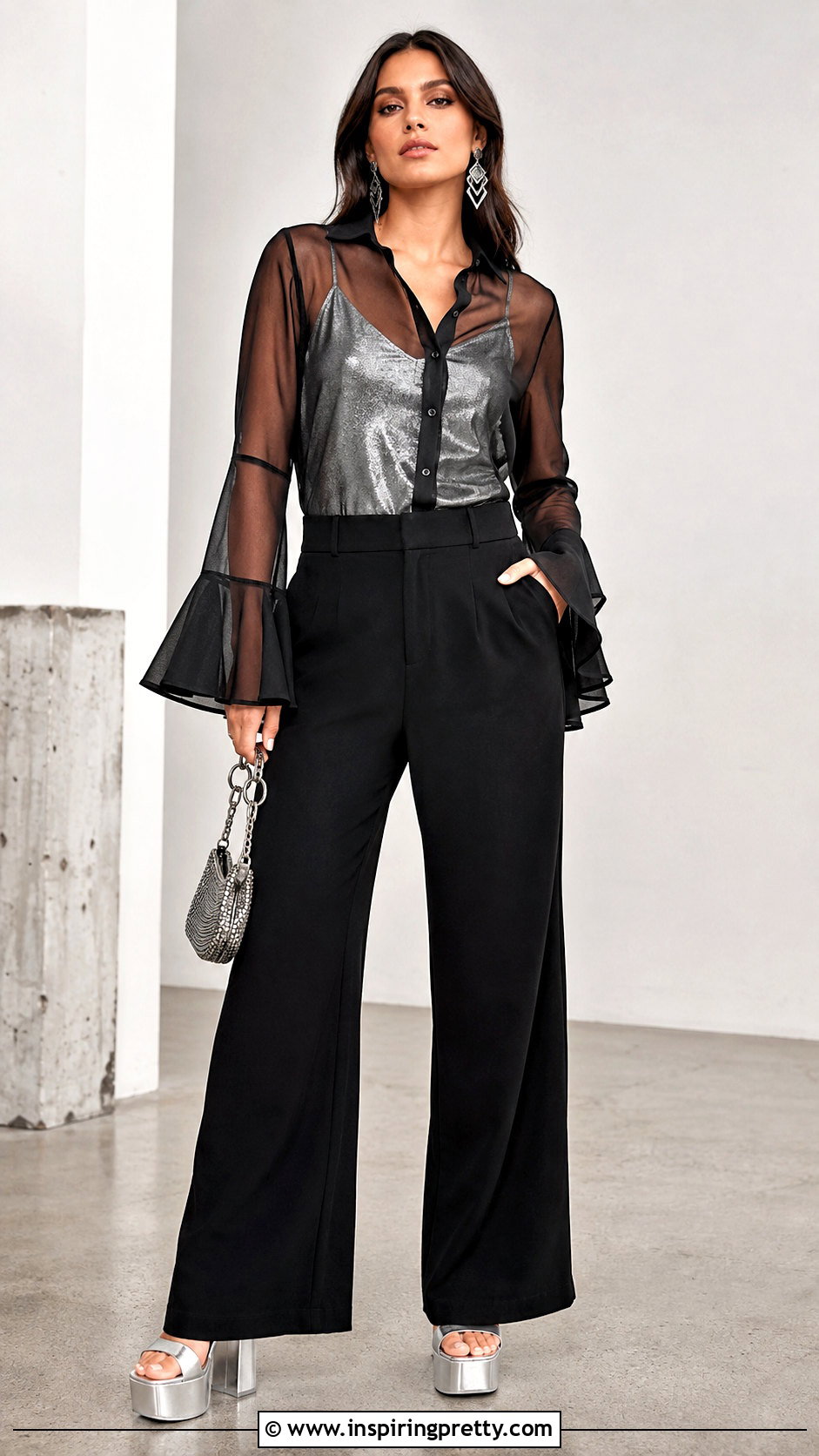 Sheer Disco Top With Metallic Camisole And Black Trousers - 20 Disco Themed Top outfit ideas