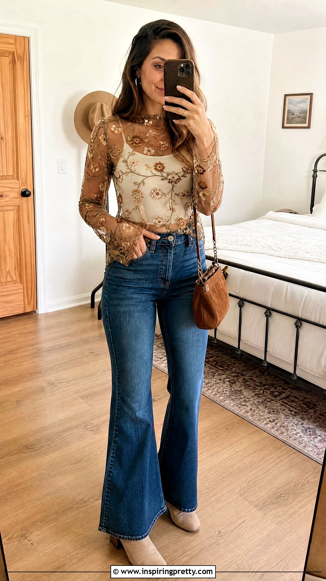 Sheer Embroidered Top With Flared Jeans Selfie - 25 Sheer Top Selfie ideas