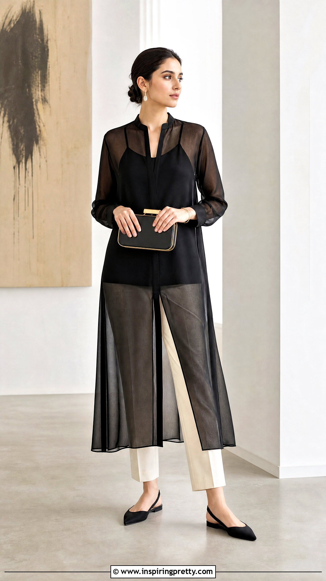 Sheer Extra Long Tunic Top With Tailored Trousers - 20 extra long tunic tops outfit ideas