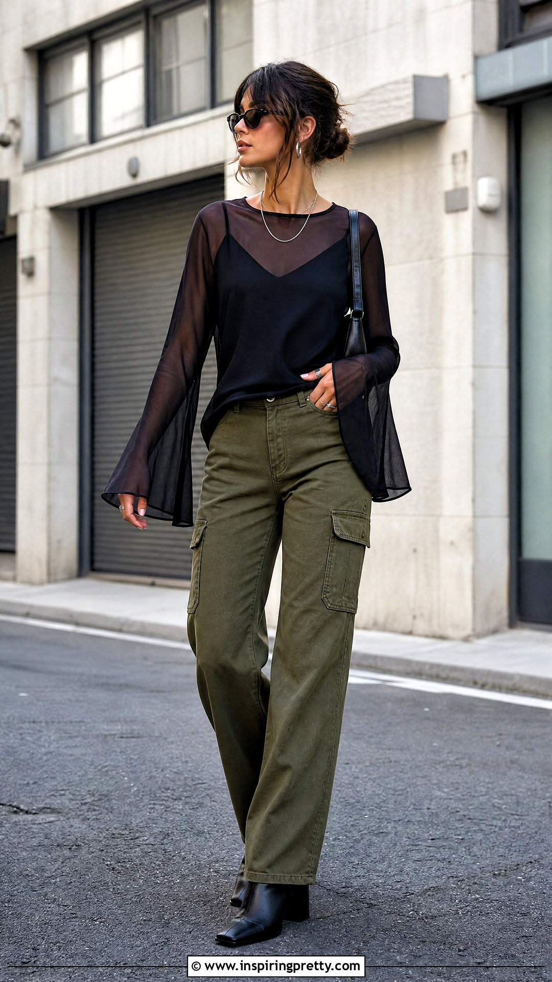 Sheer Flared Sleeve Top With Cargo Pants - 50 flared sleeves tops