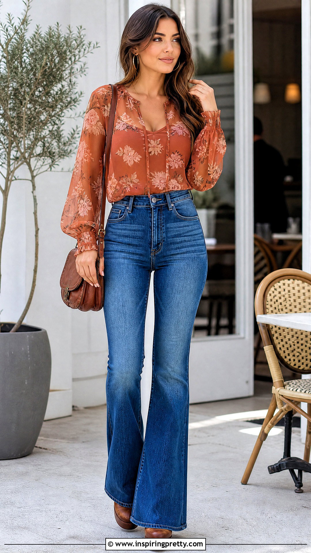 Sheer Floral Blouse With Flared Jeans - 50 70s tops outfit ideas