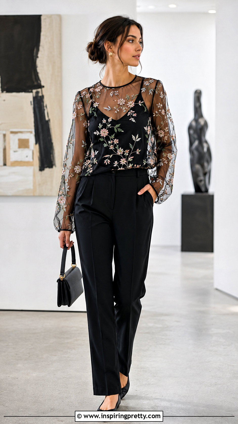 Sheer Flower Top With Camisole and Trousers - 50 Flower Top outfit ideas