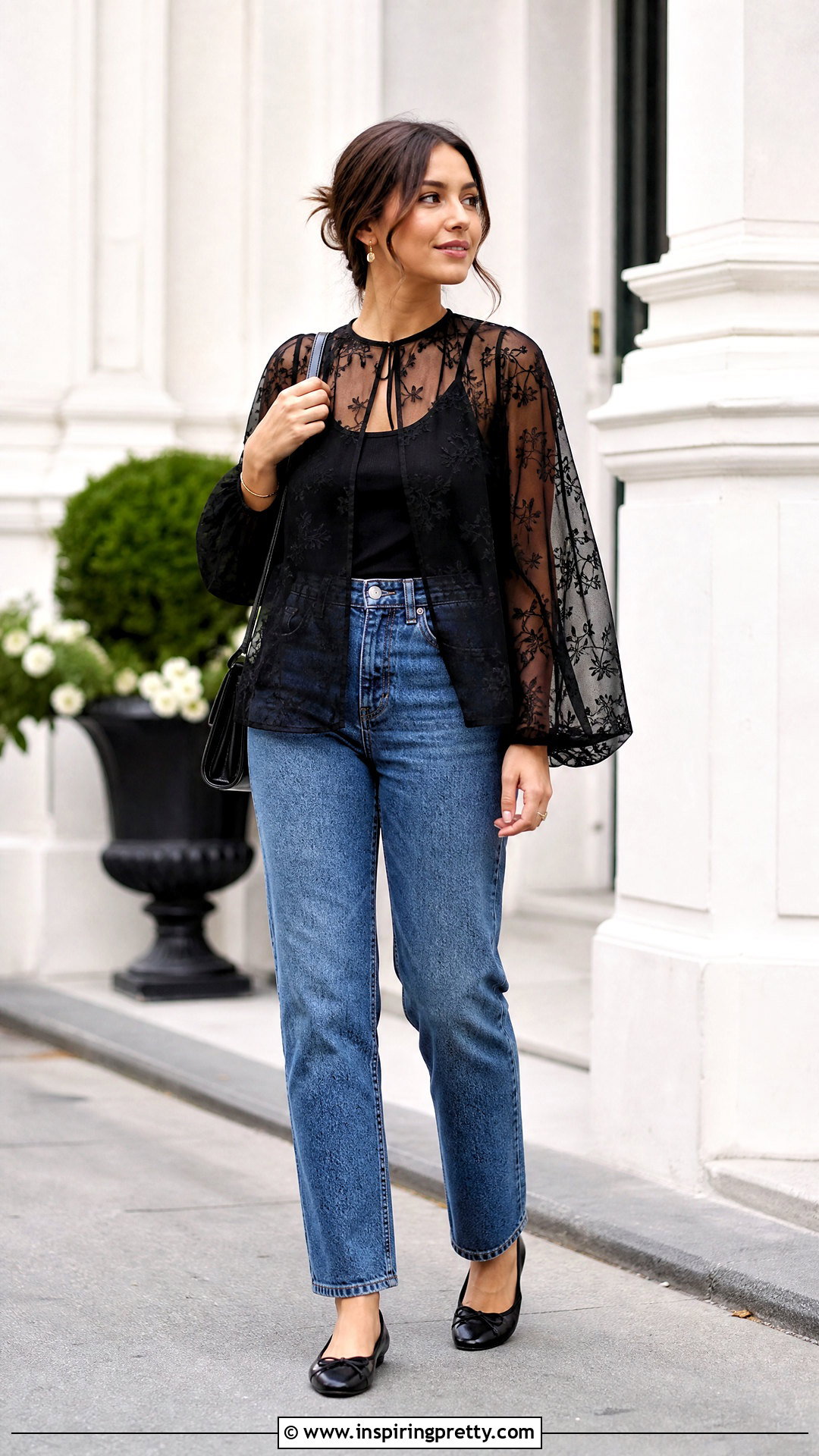 Sheer Flowy Top With a Camisole and Jeans - 50 flowy top outfit ideas