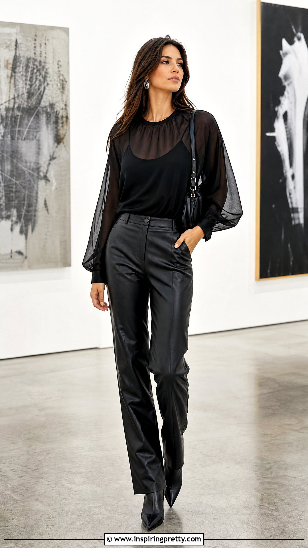 Sheer Flutter Long Sleeve Top With Leather Pants - 20 flutter long sleeve top outfit ideas