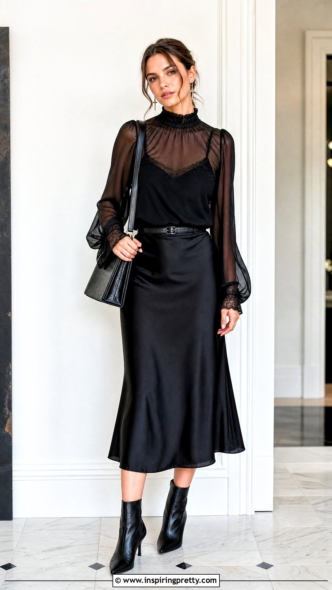 Sheer Goth Blouse With Satin Midi Skirt - 50 goth tops outfit ideas