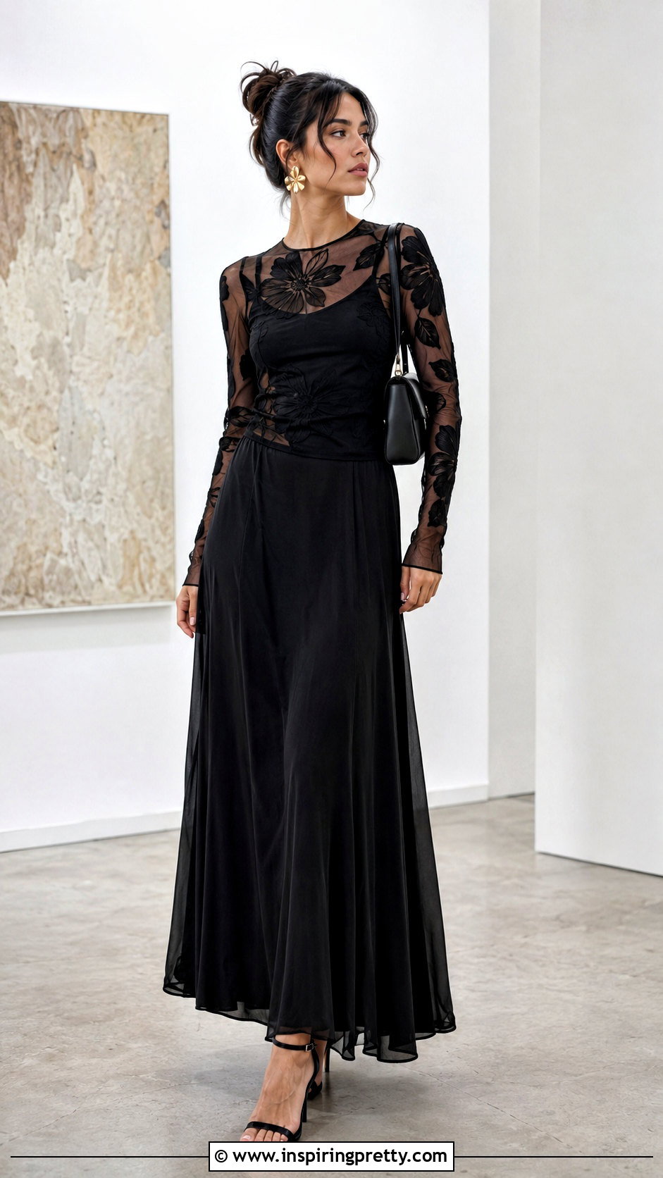 Sheer Hibiscus Top With Black Maxi Skirt - 50 Hibiscus Tops