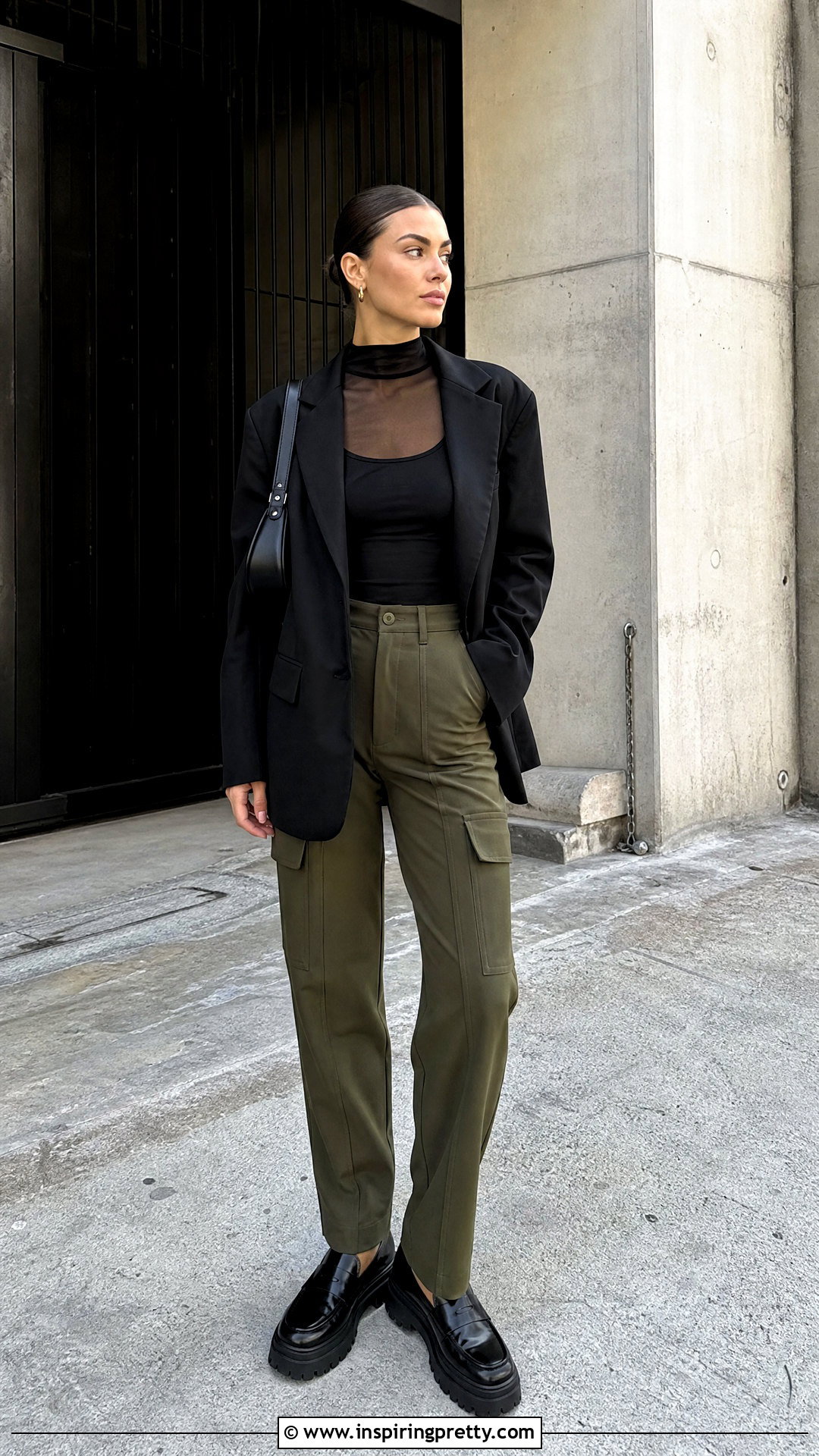 Sheer High Neck Top With Cargo Pants - 50 high neck top outfit ideas