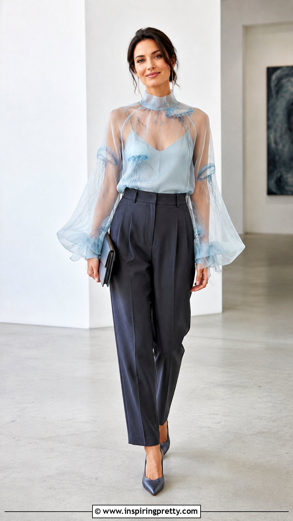 Sheer Jellyfish Top With Tailored Trousers - 50 jellyfish top outfit ideas