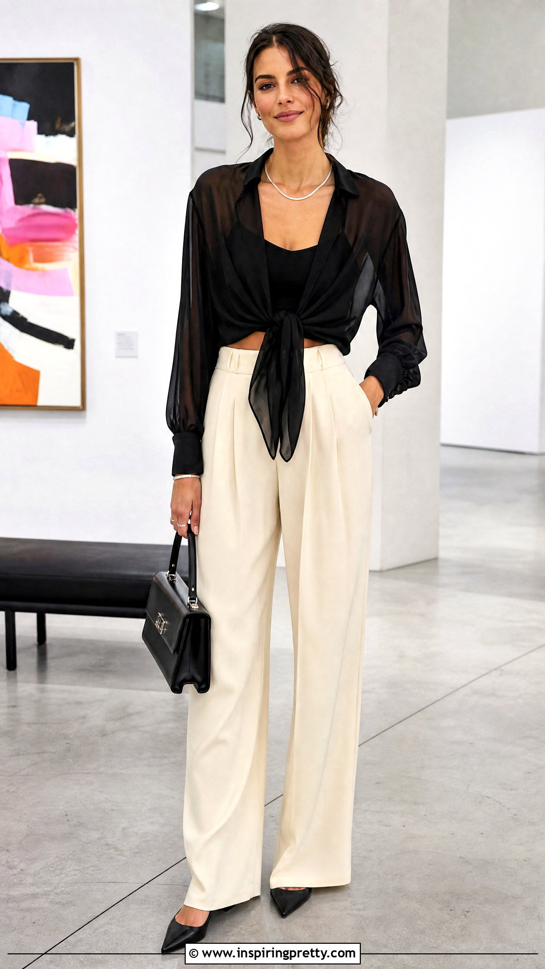 Sheer Knot Front Top With Camisole And Trousers - 20 knot front top fashion outfit ideas