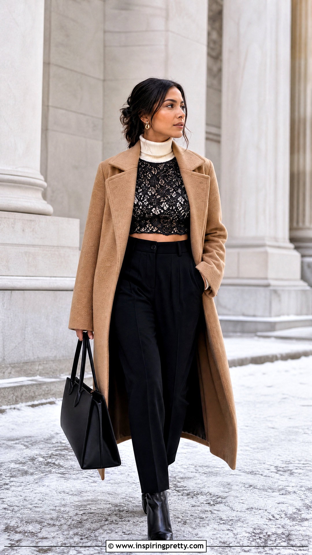 Sheer Lace Crop Top Over a Fitted Turtleneck - 25 sheer lace crop top outfit ideas
