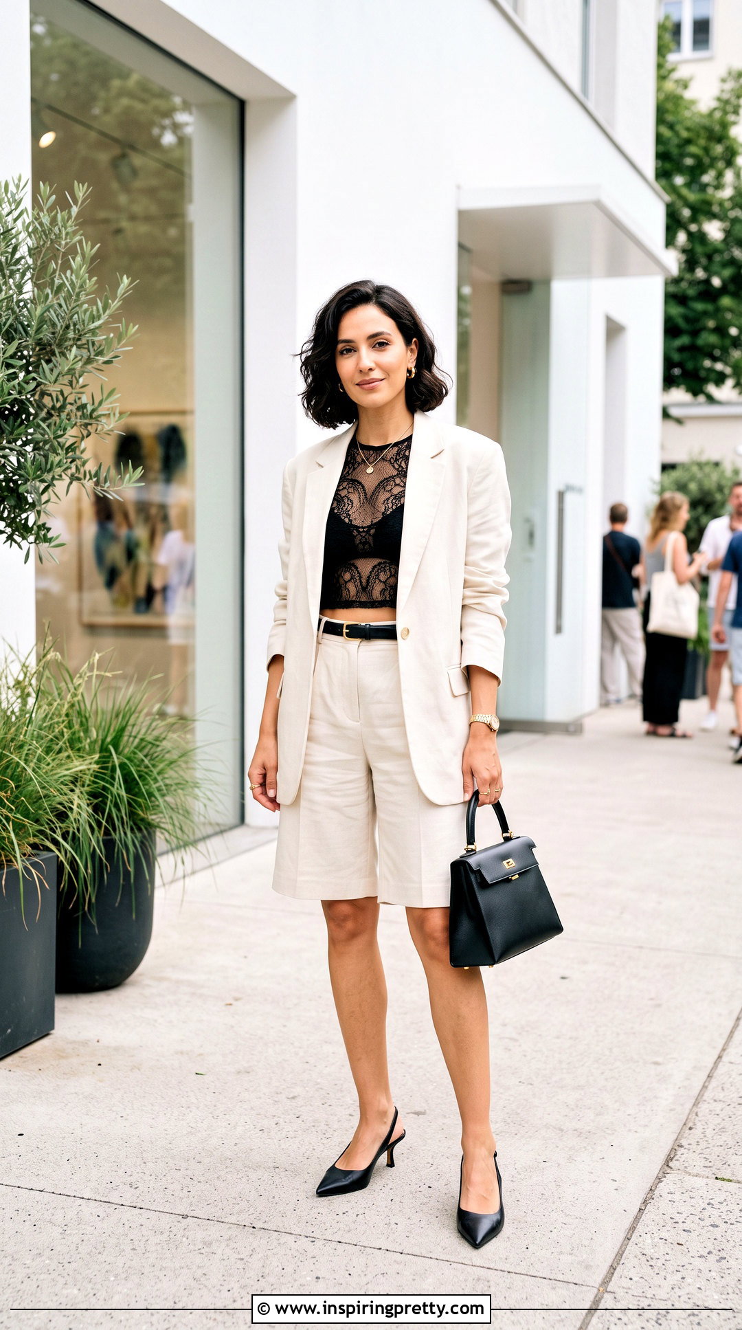 Sheer Lace Crop Top With Blazer and Bermuda Shorts - 25 sheer lace crop top outfit ideas