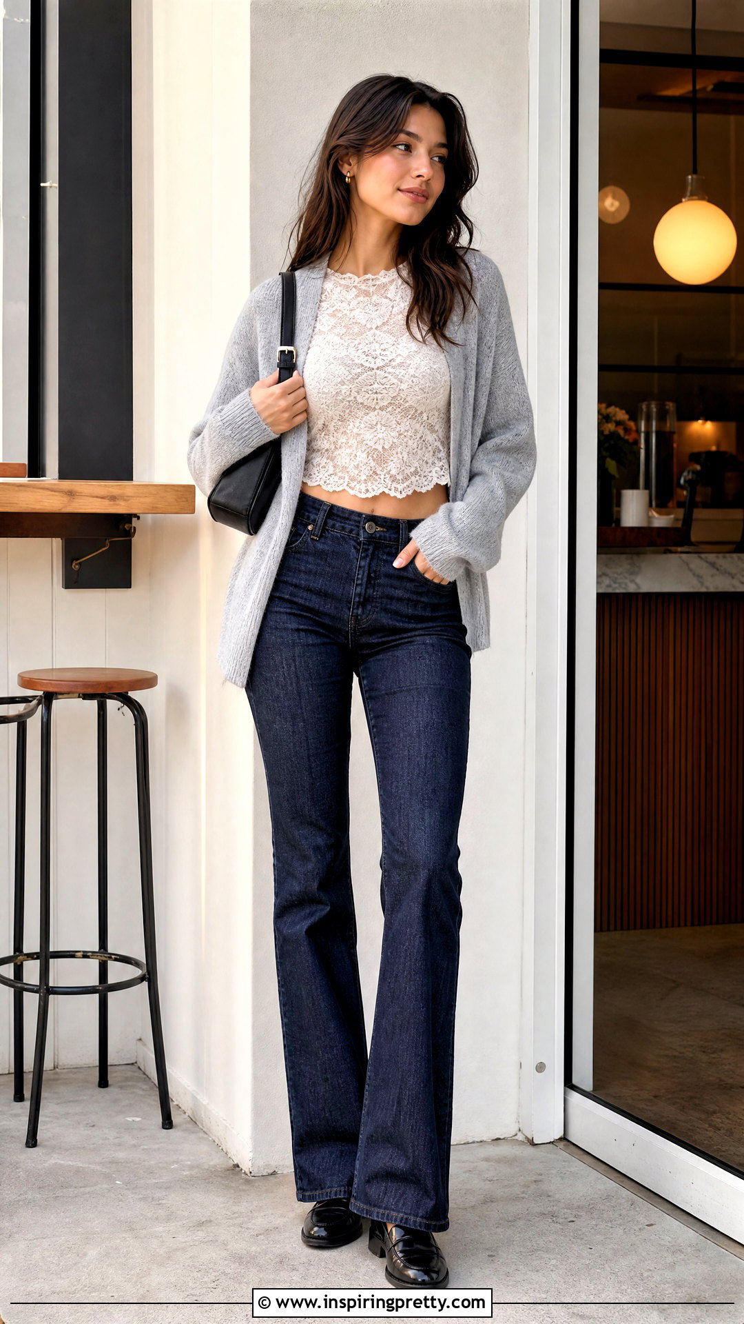 Sheer Lace Crop Top With Cardigan and Jeans - 25 sheer lace crop top outfit ideas