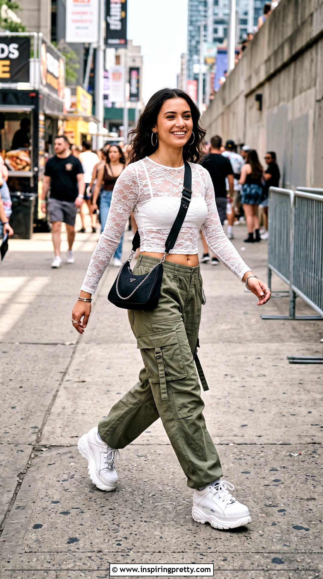 Sheer Lace Crop Top With Cargo Pants - 25 sheer lace crop top outfit ideas