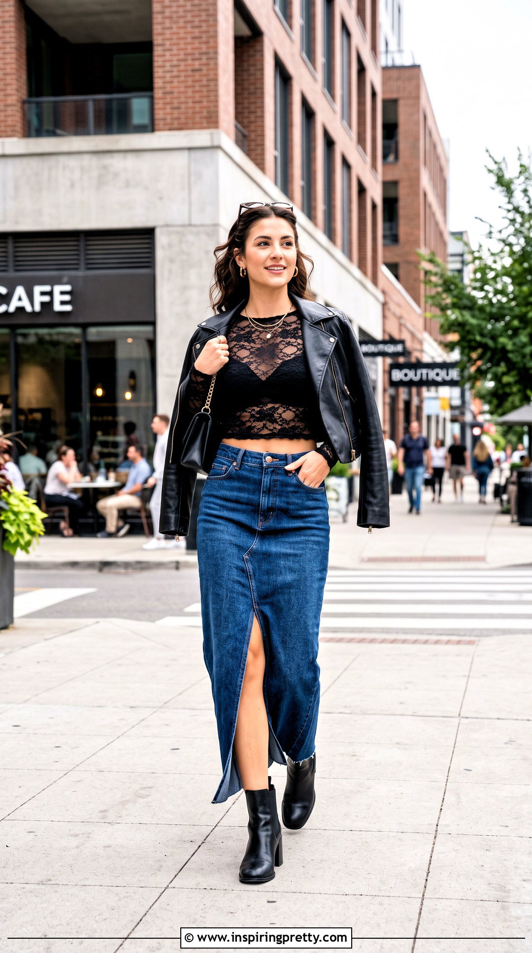 Sheer Lace Crop Top With Denim Maxi Skirt - 25 sheer lace crop top outfit ideas