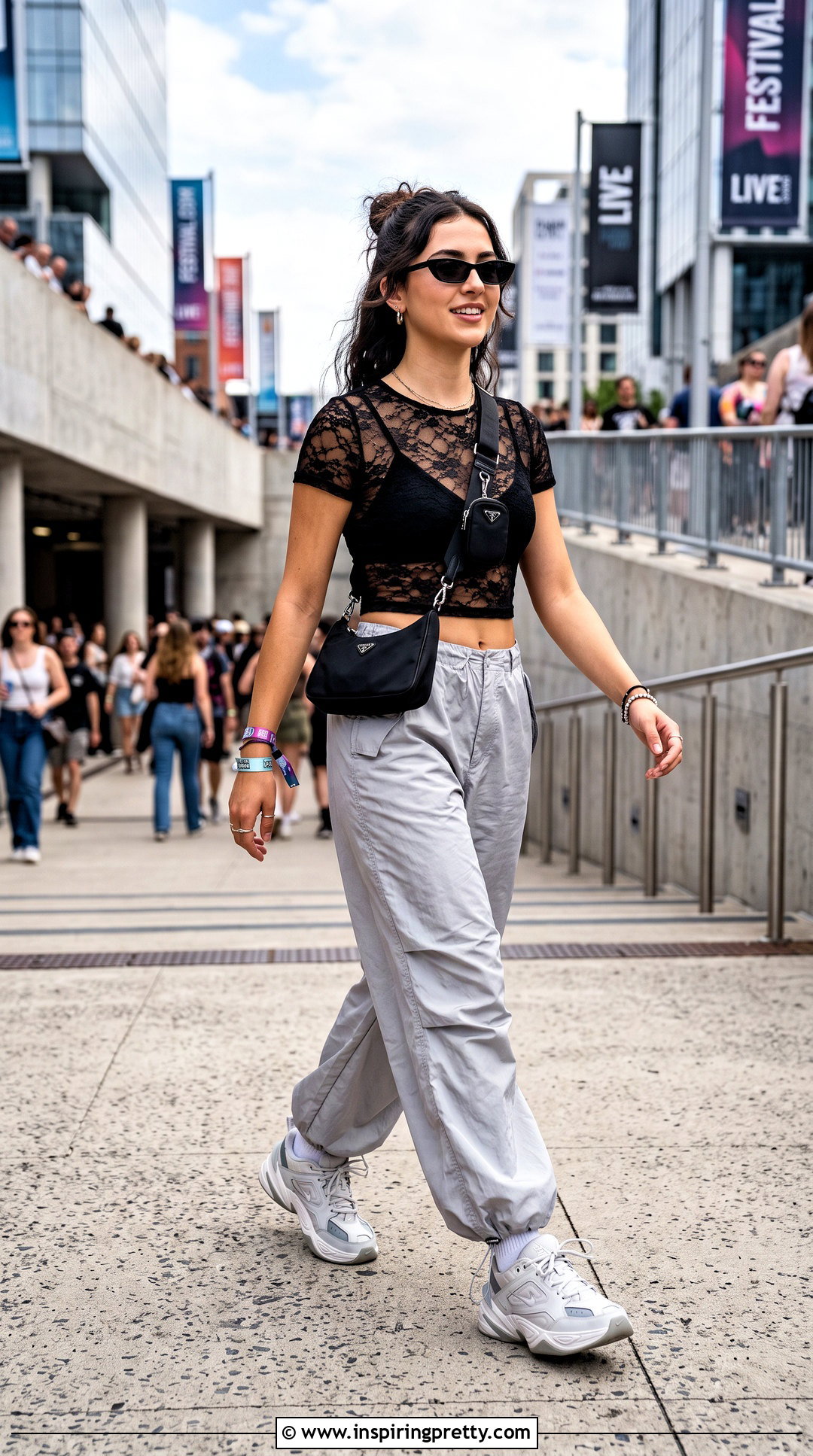 Sheer Lace Crop Top With Parachute Pants - 25 sheer lace crop top outfit ideas