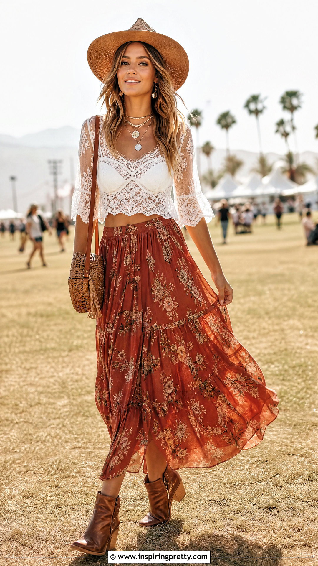 Sheer Lace Crop Top With a Boho Maxi Skirt - 25 sheer lace crop top outfit ideas
