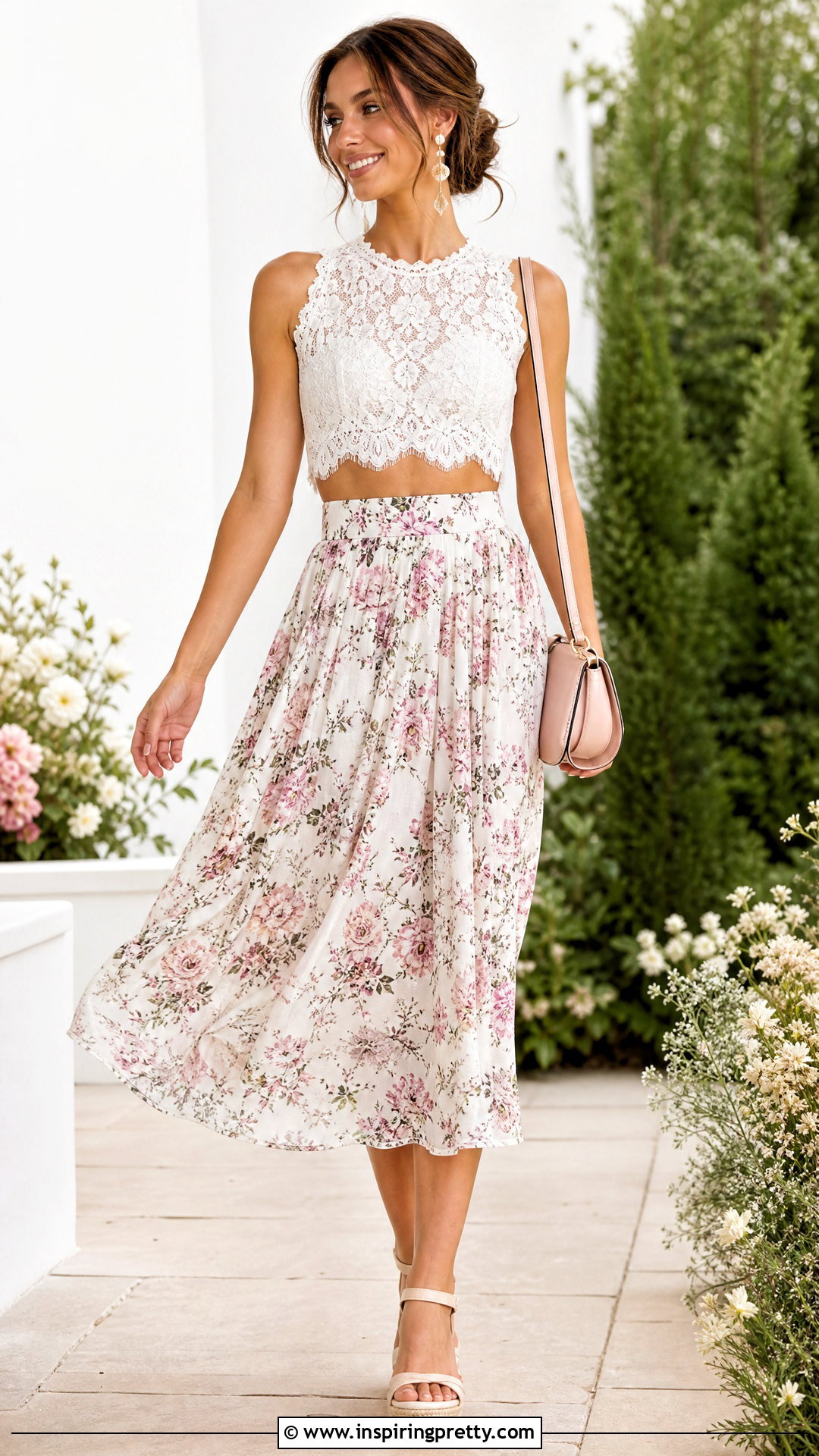 Sheer Lace Crop Top With a Floral Midi Skirt - 25 sheer lace crop top outfit ideas