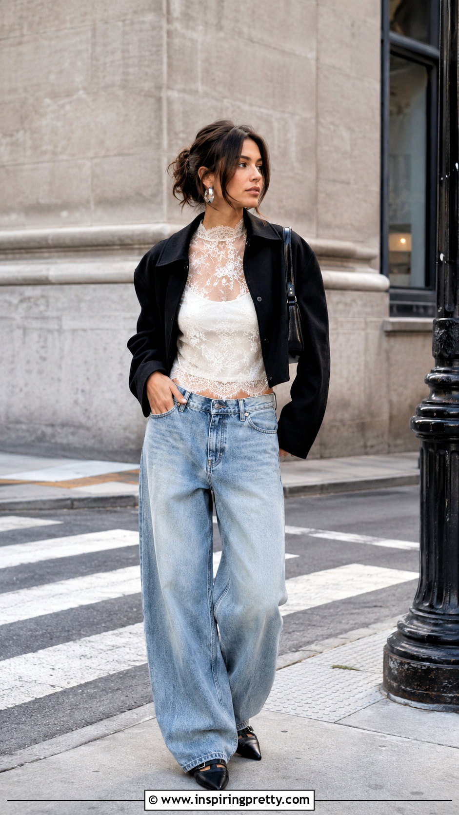 Sheer Lace Top With Baggy Jeans - 50 sheer lace top outfit ideas