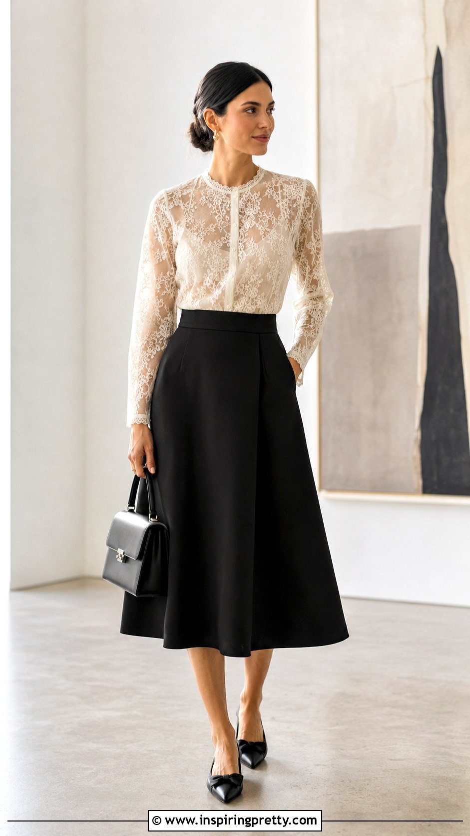Sheer Lace Top With Black Midi Skirt - 50 sheer lace top outfit ideas