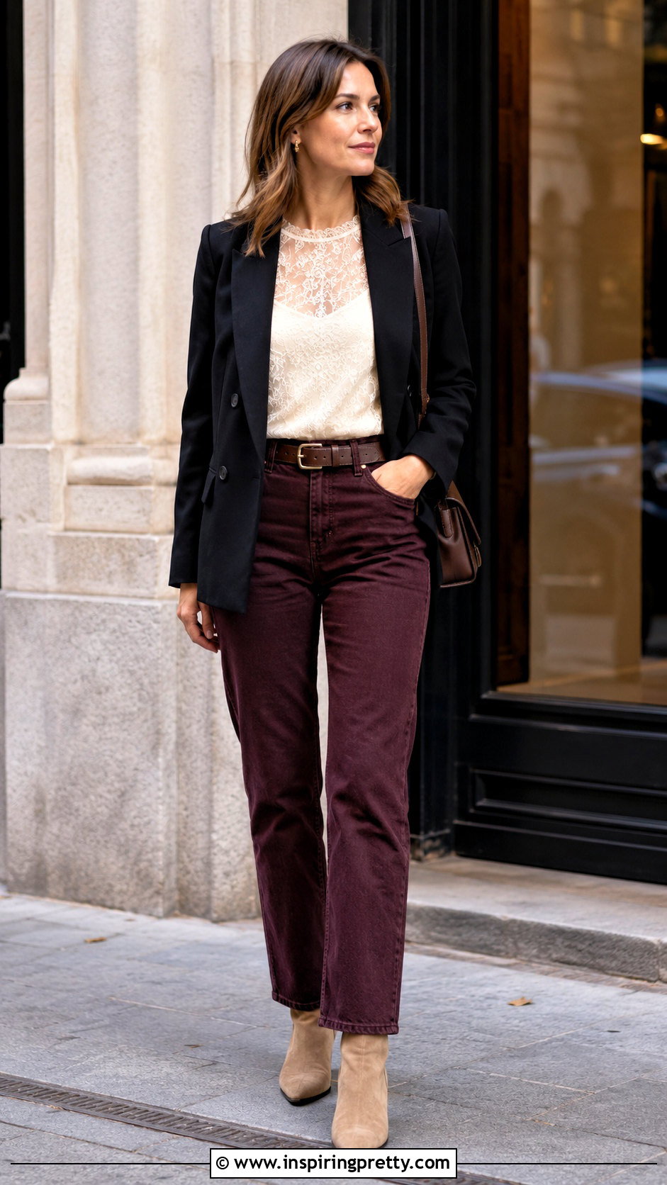 Sheer Lace Top With Colored Jeans - 50 sheer lace top outfit ideas