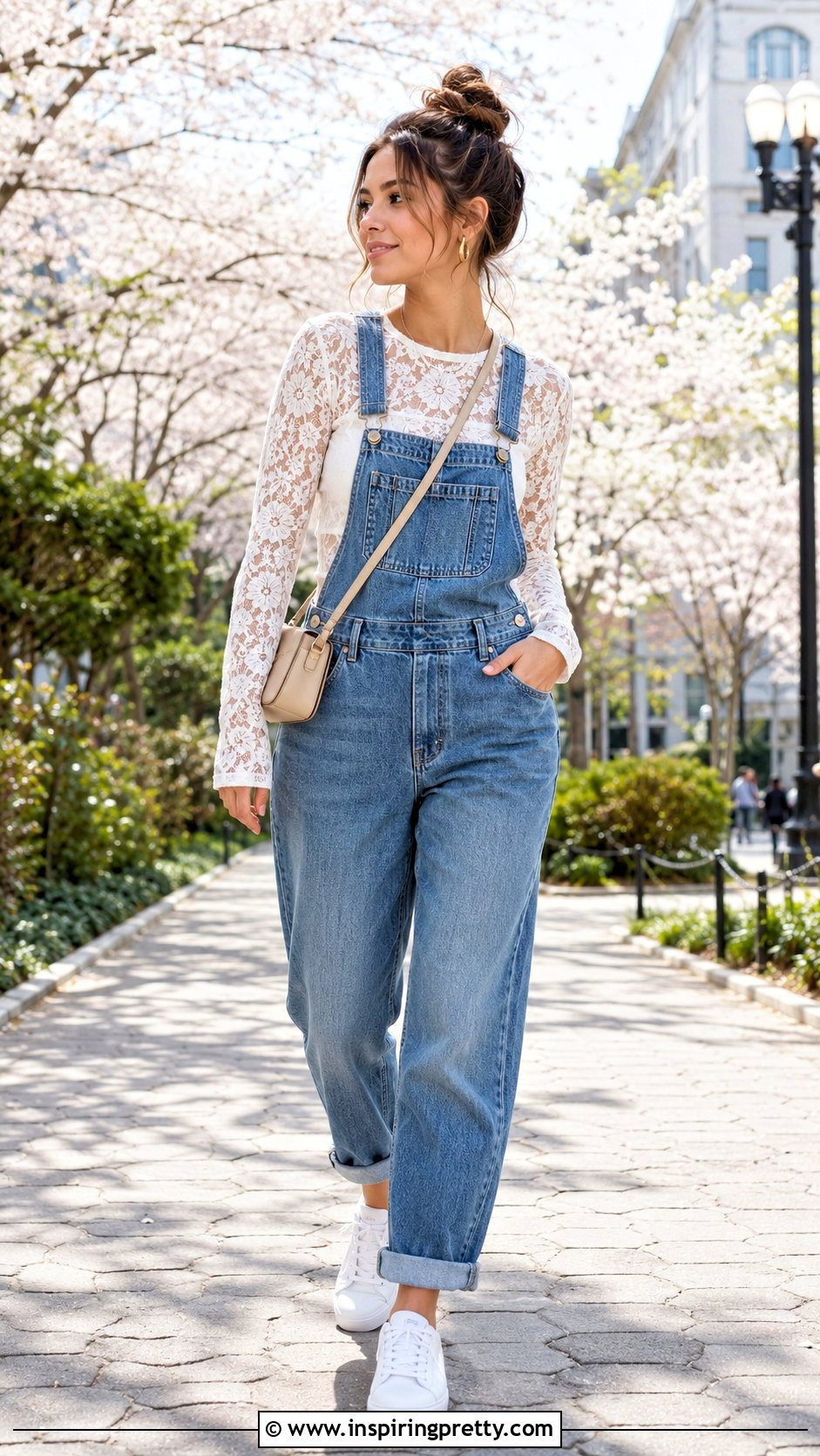 Sheer Lace Top With Denim Overalls - 50 sheer lace top outfit ideas