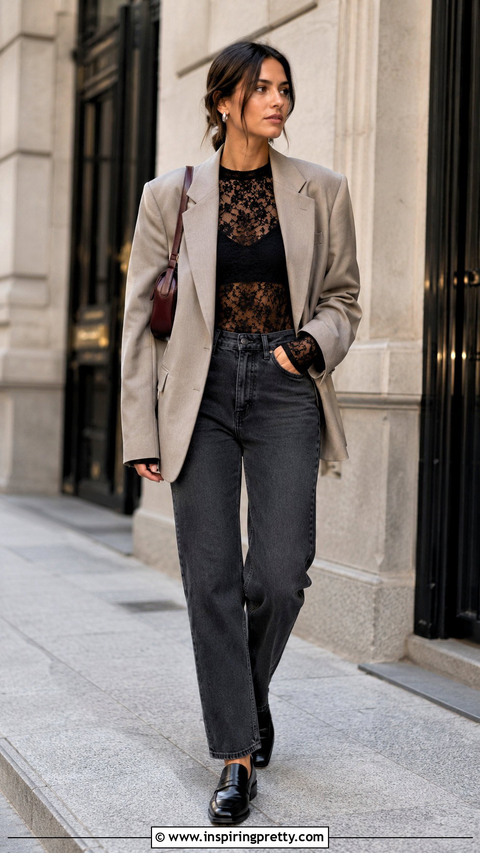 Sheer Lace Top With Gray Jeans - 50 sheer lace top outfit ideas