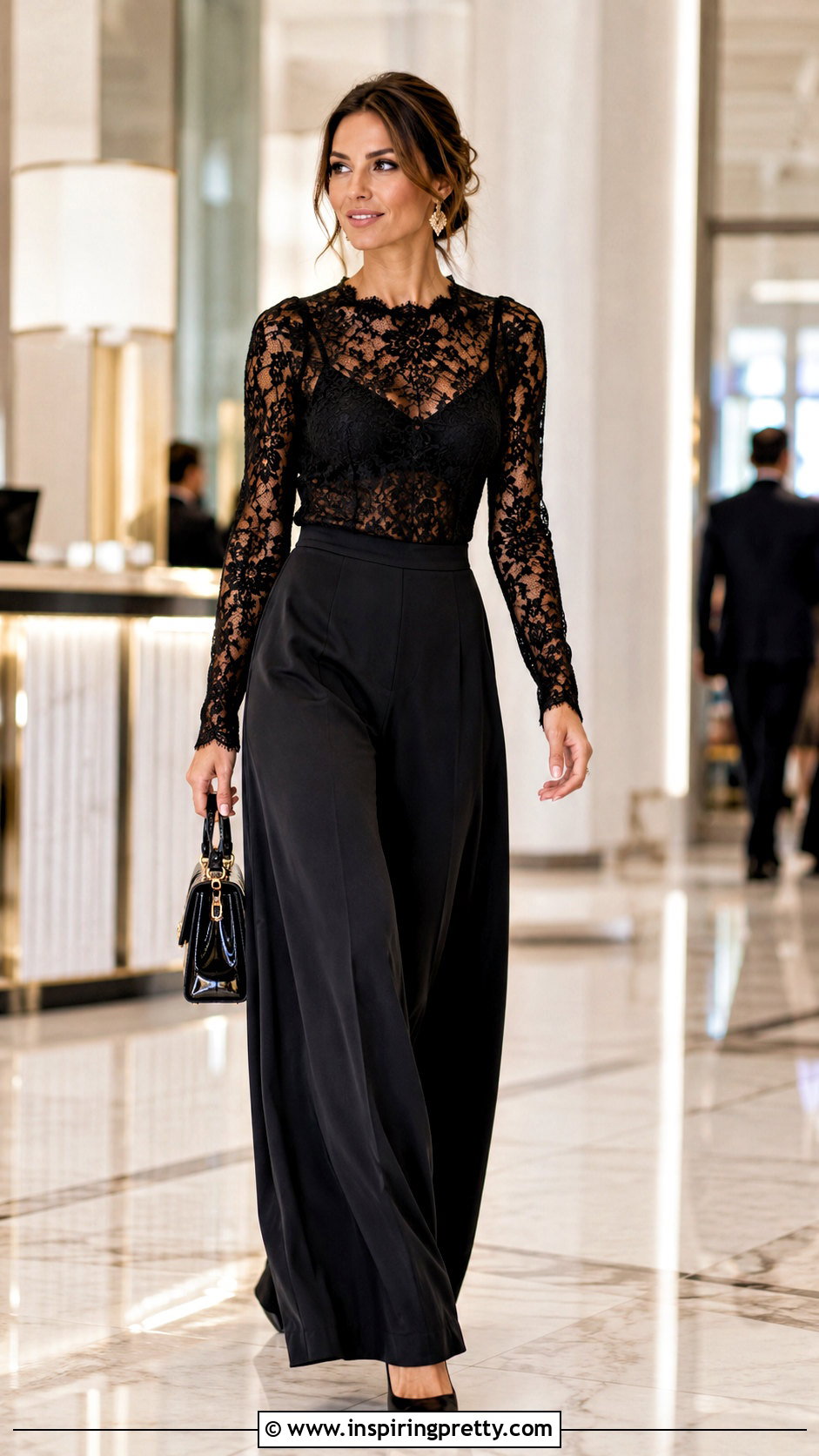 Sheer Lace Top With Palazzo Pants - 50 sheer lace top outfit ideas